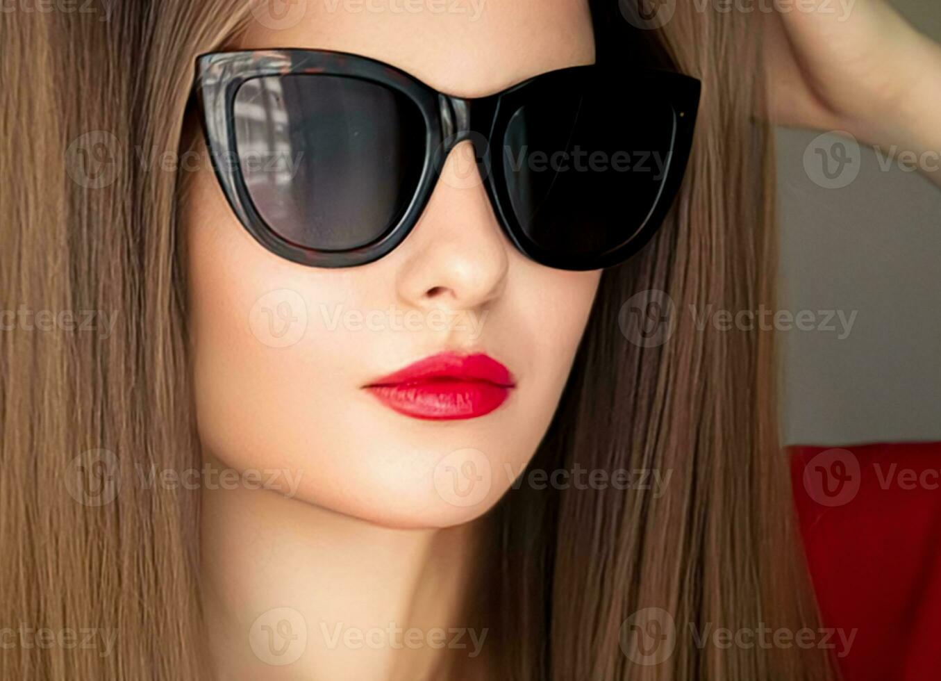 schoonheid, mode en stijl, gezicht portret van mooi vrouw vervelend elegant kat oog zonnebril en rood lippenstift verzinnen, luxe medeplichtig en zomer levensstijl, aantrekkingskracht en chique kijken foto