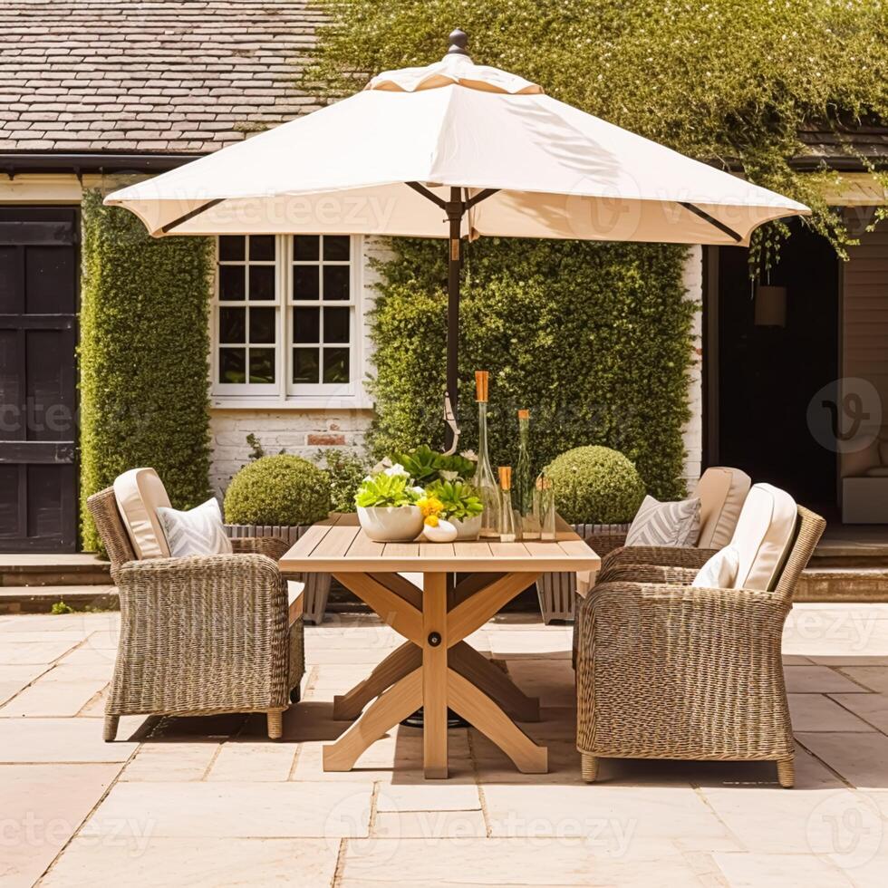 modern huisje tuin meubilair, buitenshuis decor en platteland huis patio terras stoelen en tafel met paraplu, land stijl, generatief ai foto