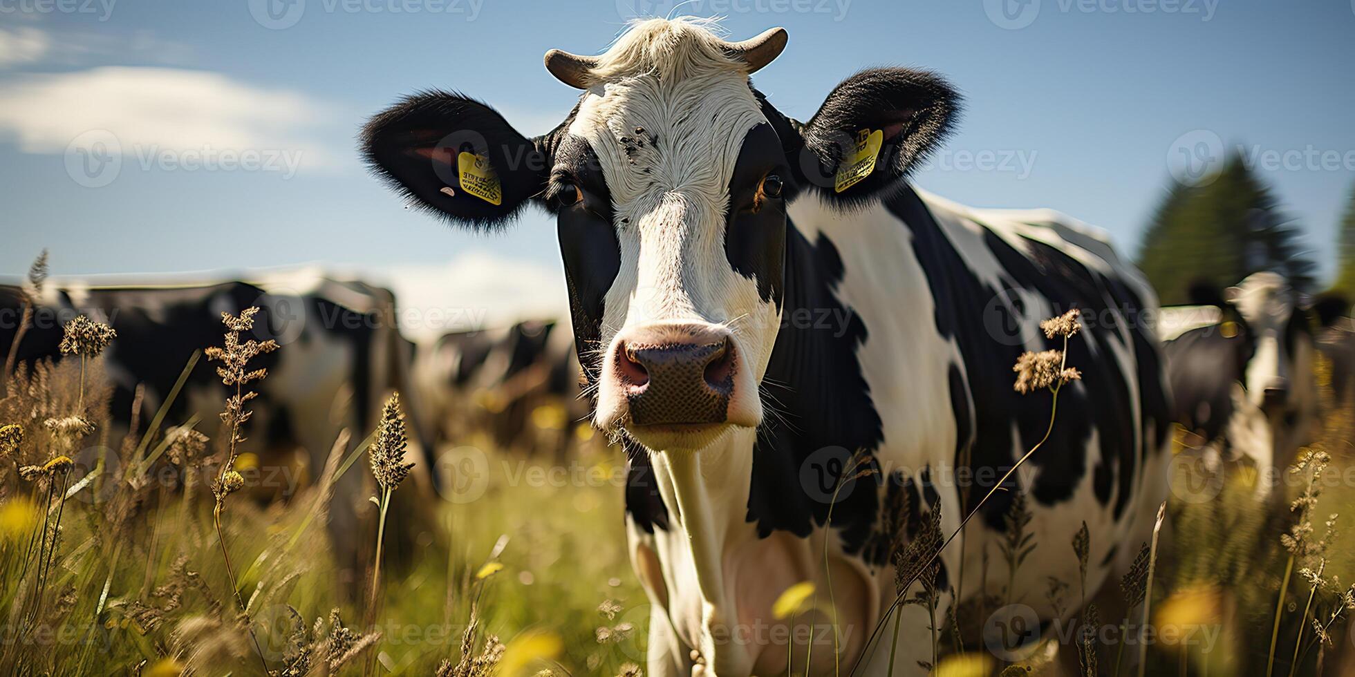 ai gegenereerd. ai generatief. koe dier gezicht frontaal grappig portret Bij groen veld- boerderij. landschap landbouw natuur buitenshuis dorp leven stijl. grafisch kunst foto