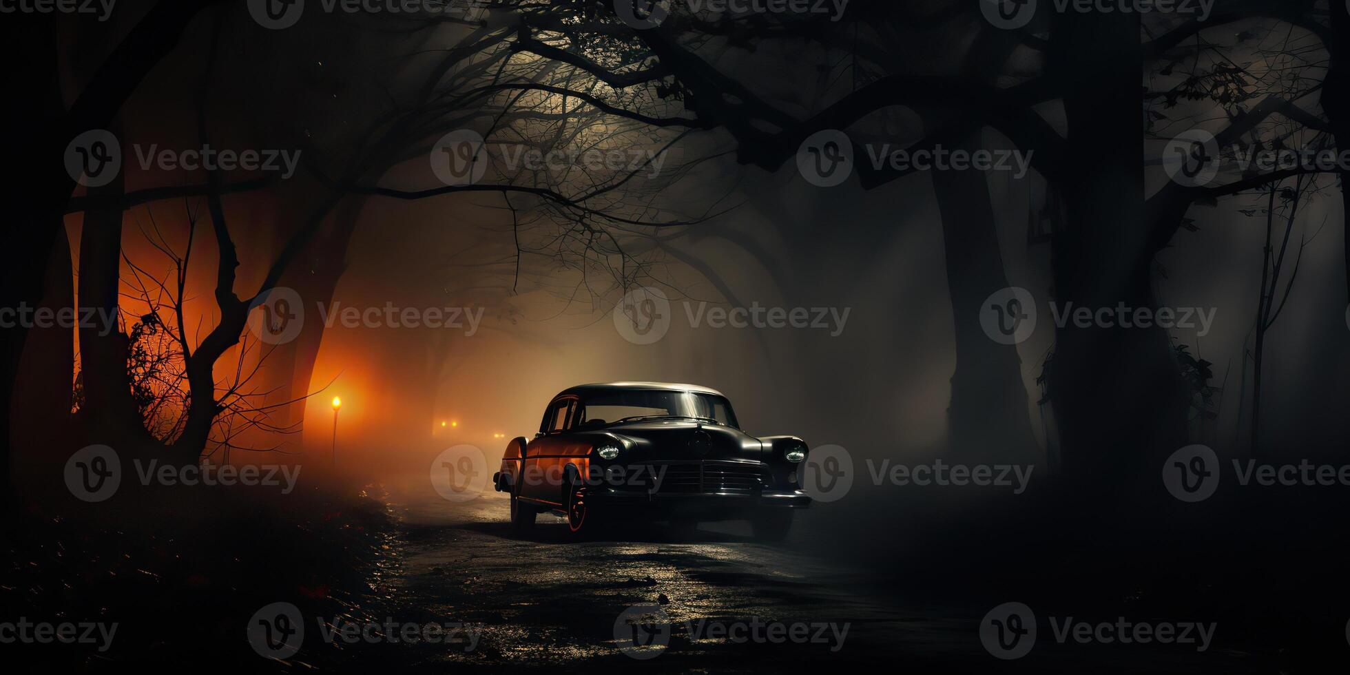 ai gegenereerd. ai generatief. wijnoogst retro klassiek auto Aan weg de nevel mist Woud boom natuur buitenshuis donker gotisch eng halloween uitstraling. grafisch kunst foto