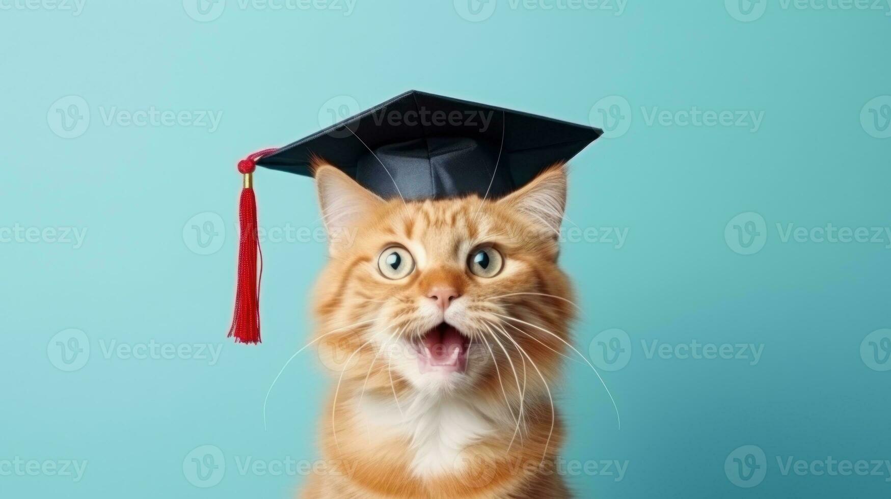 schattig rood kat vieren met diploma uitreiking kap. minimalistische pastel blauw achtergrond. foto