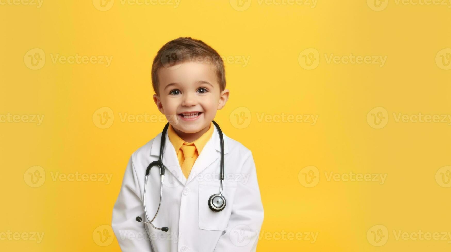schattig kind in dokter jas met stethoscoop Aan kleur achtergrond foto