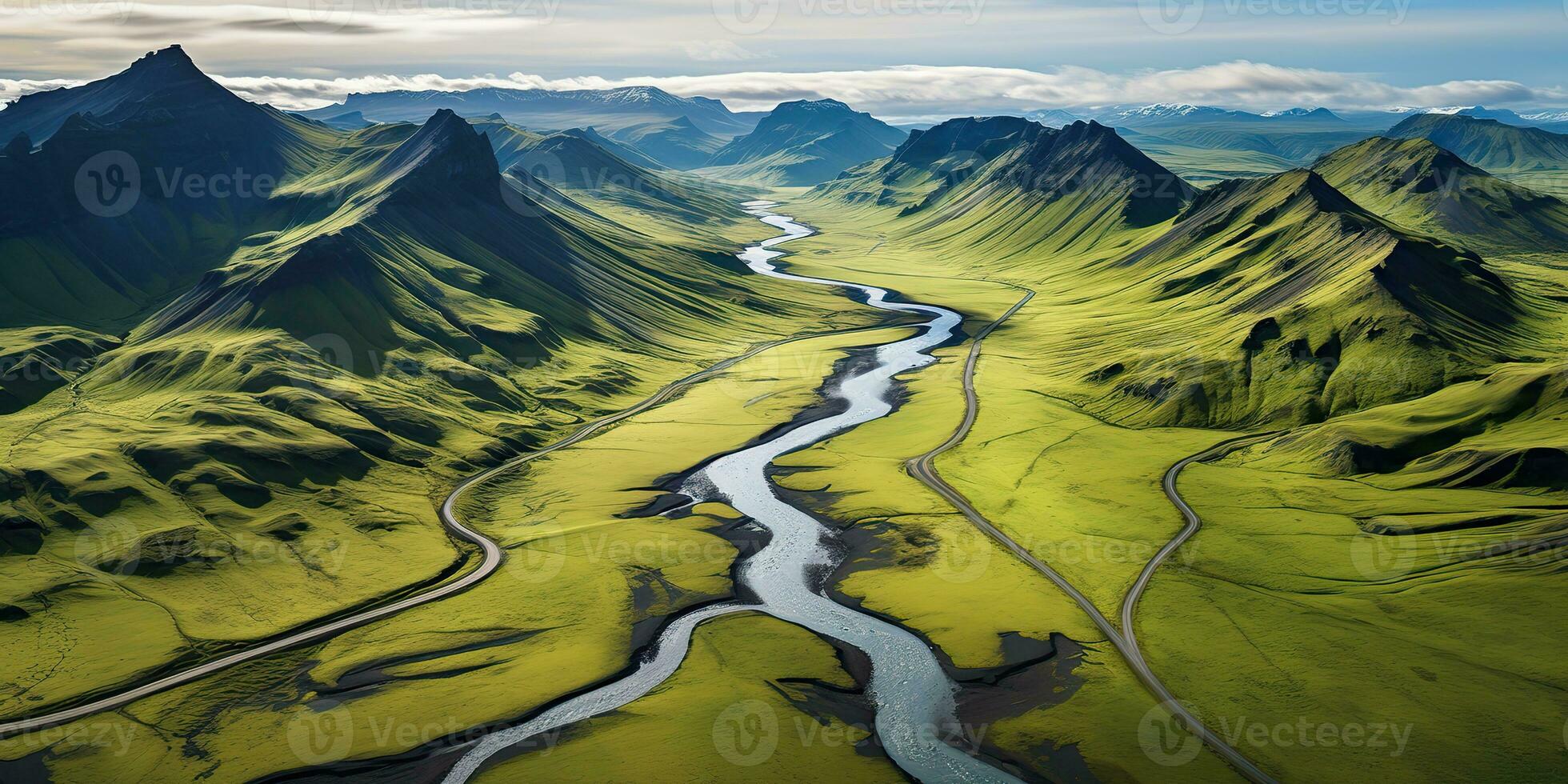 ai gegenereerd. ai generatief. natuur buitenshuis landschap wild schoonheid berg rivier- veld- dar lucht foto illustratie. avontuur reizen vakantie uitstraling. grafisch kunst