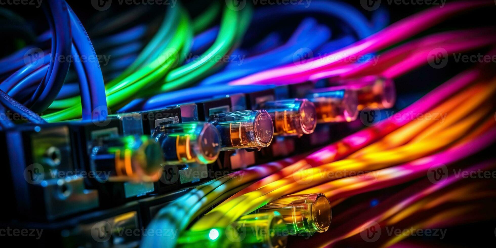 ai gegenereerd. ai generatief. servers verbinding met vezel optiek kabel schakelaar internet pc technologie pc grafisch kunst foto
