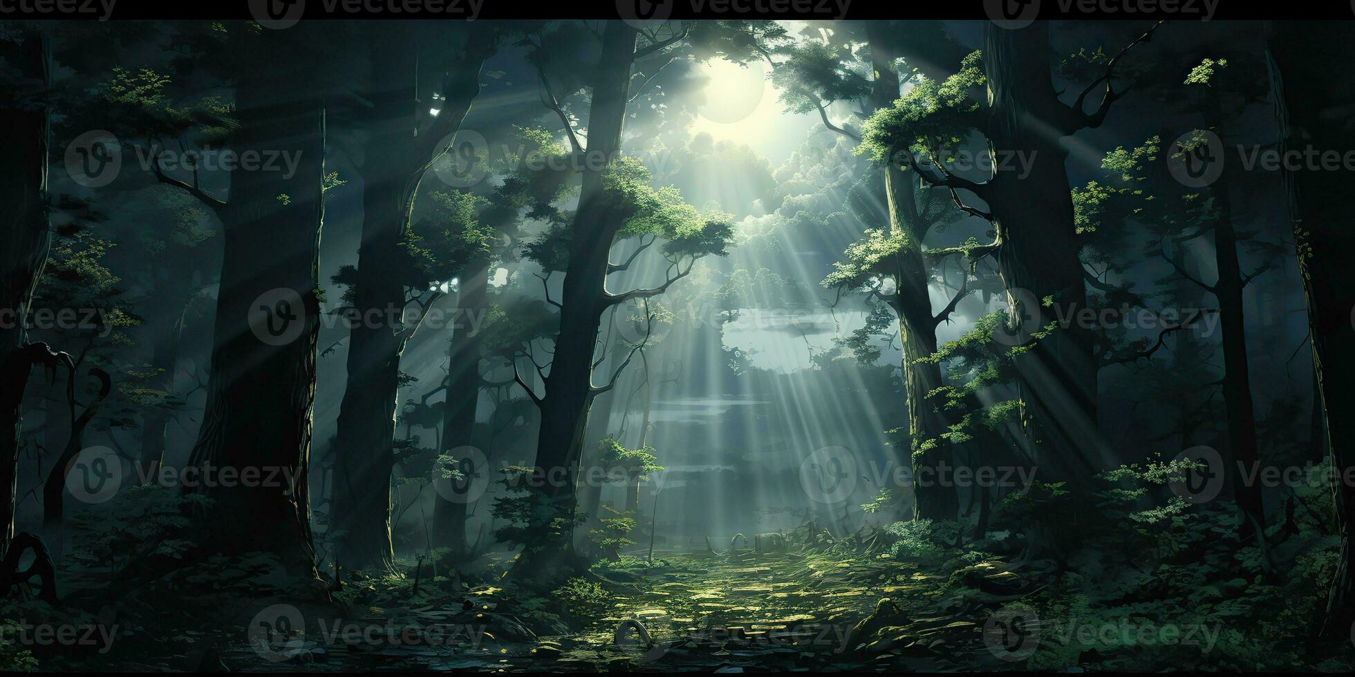ai gegenereerd. ai generatief. de nevel mist magie donker Woud. met zon straal gaan door bomen. avontuur onderzoeken spookachtig eng humeur. grafisch kunst foto