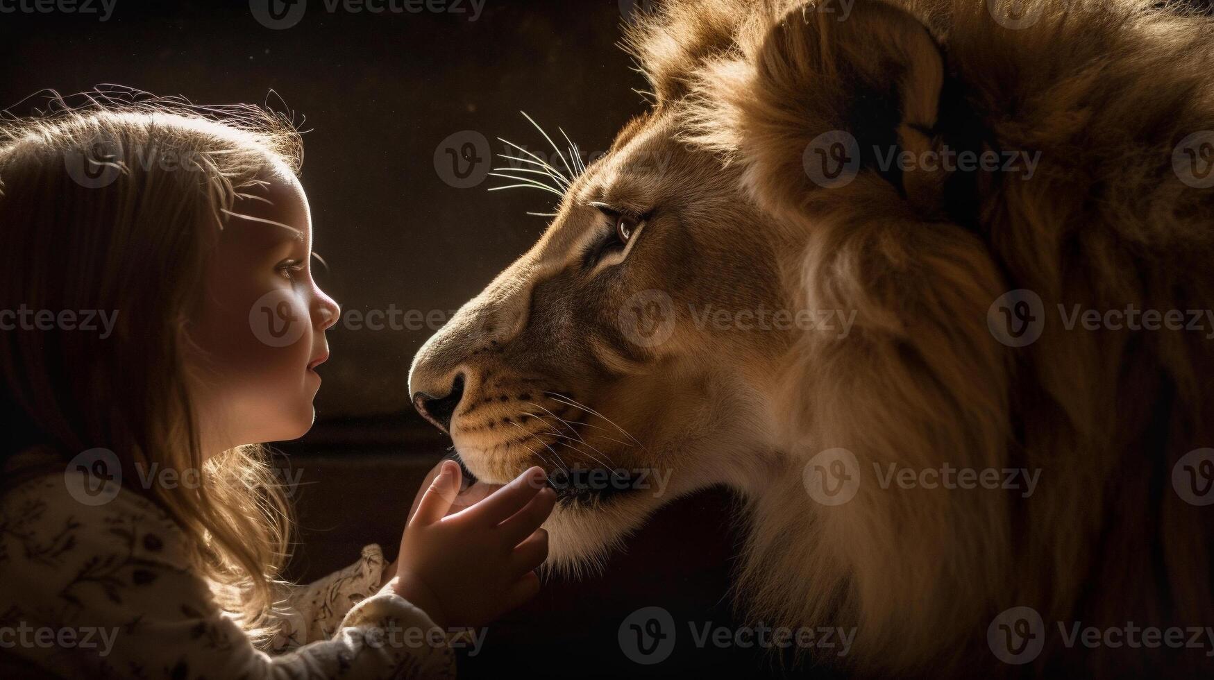 profiel van een onverschrokken jong vrouw kind voorzichtig aanraken de gezicht van een heel groot leeuw - generatief ai. foto