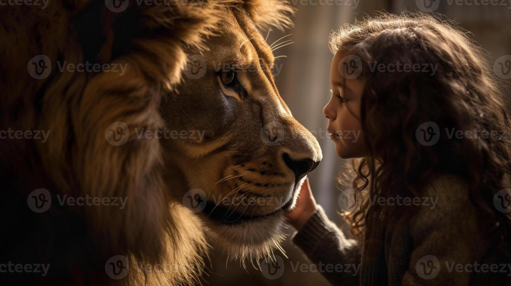 profiel van een onverschrokken jong vrouw kind voorzichtig aanraken de gezicht van een heel groot leeuw - generatief ai. foto