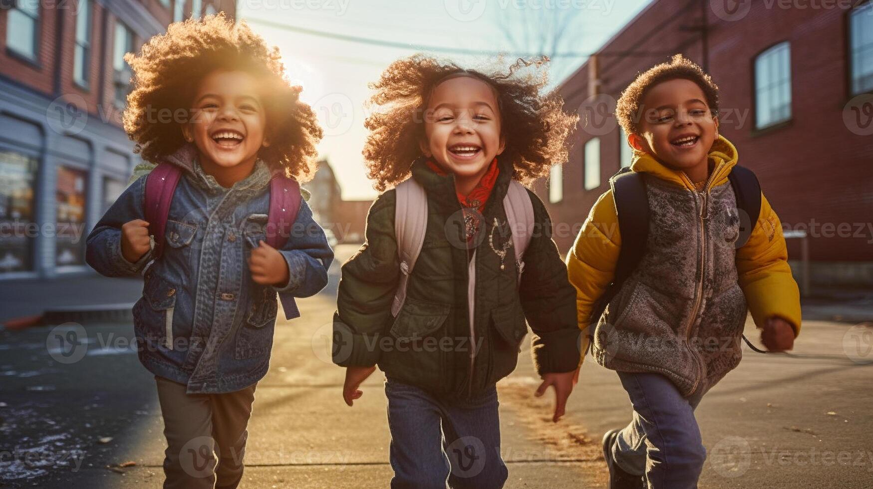 gelukkig lachend multi-etnisch kinderen Aan hun manier naar school- - generatief ai. foto