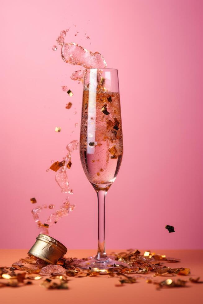 Champagne glas met confetti Aan roze achtergrond. ai generatief foto