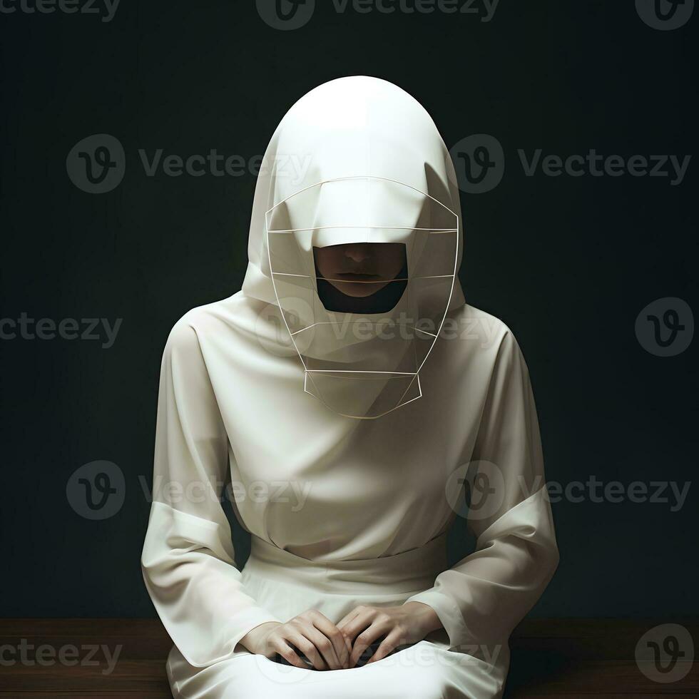 een vrouw in een wit met een kap jurk zittend Aan een tafel ai generatief foto