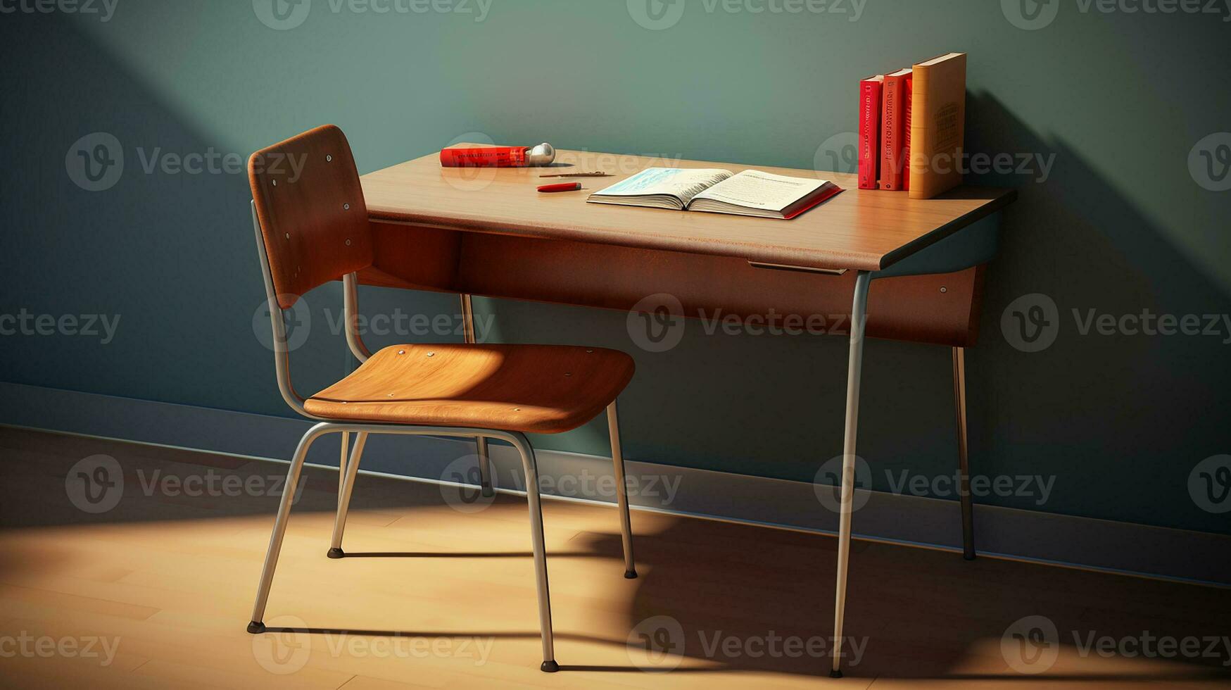 een bureau met een potlood houder en potloden Aan het ai generatief foto