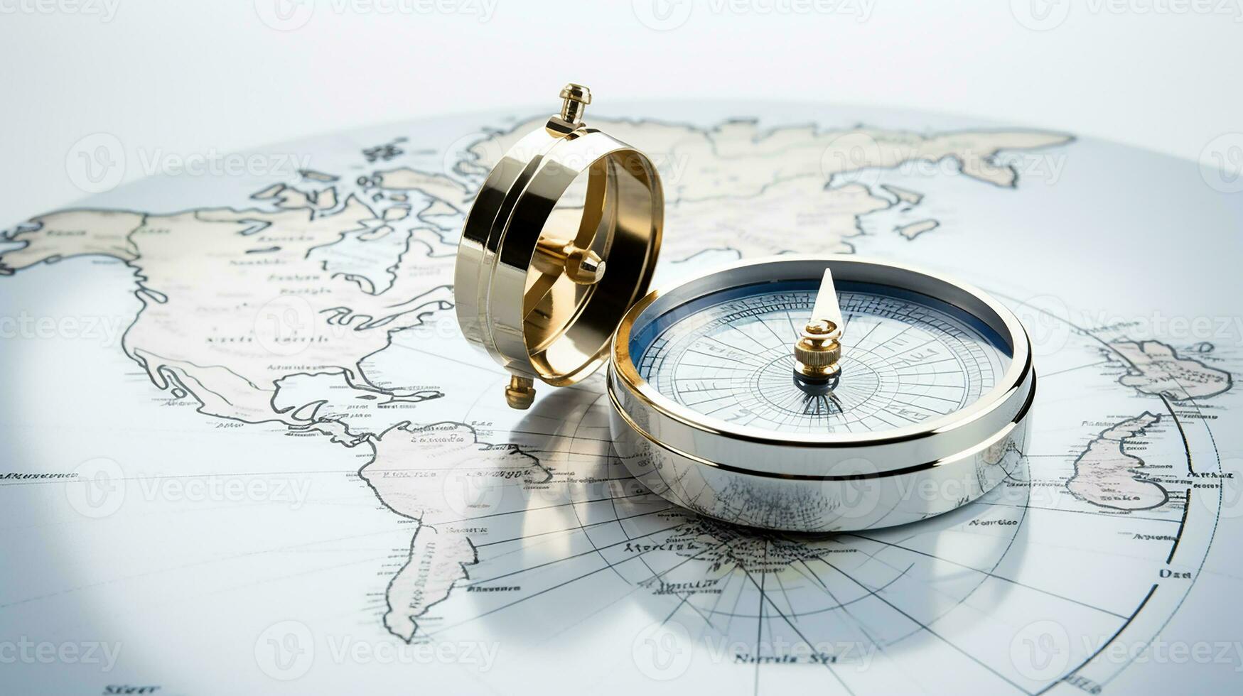 een goud kompas Aan top van een wereld kaart ai generatief foto