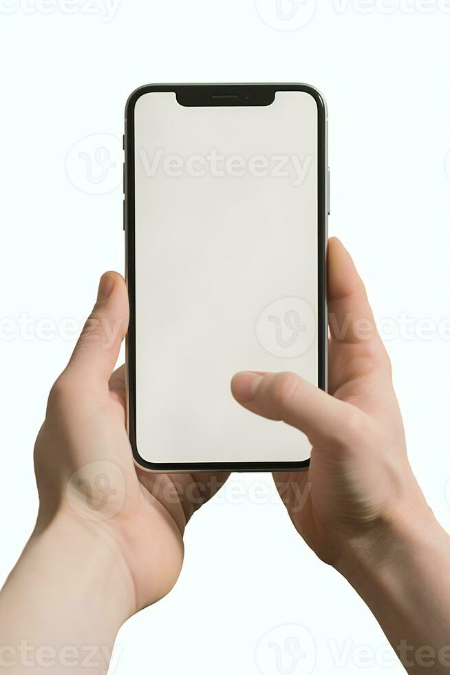 handen Holding een smartphone met een blanco scherm ai generatief foto