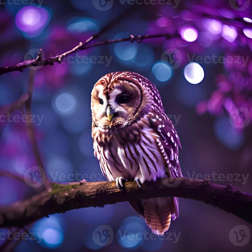 ai gegenereerd taai uil Aan een boom Afdeling in Purper maanlicht foto