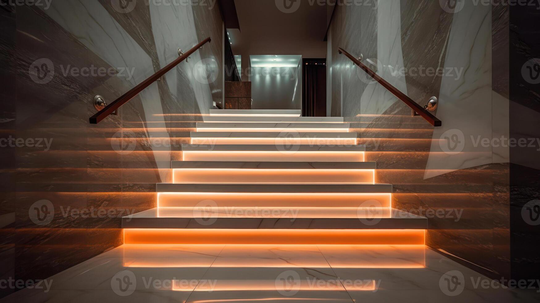 trap met LED verlichting in een modern interieur. ai gegenereerd. foto