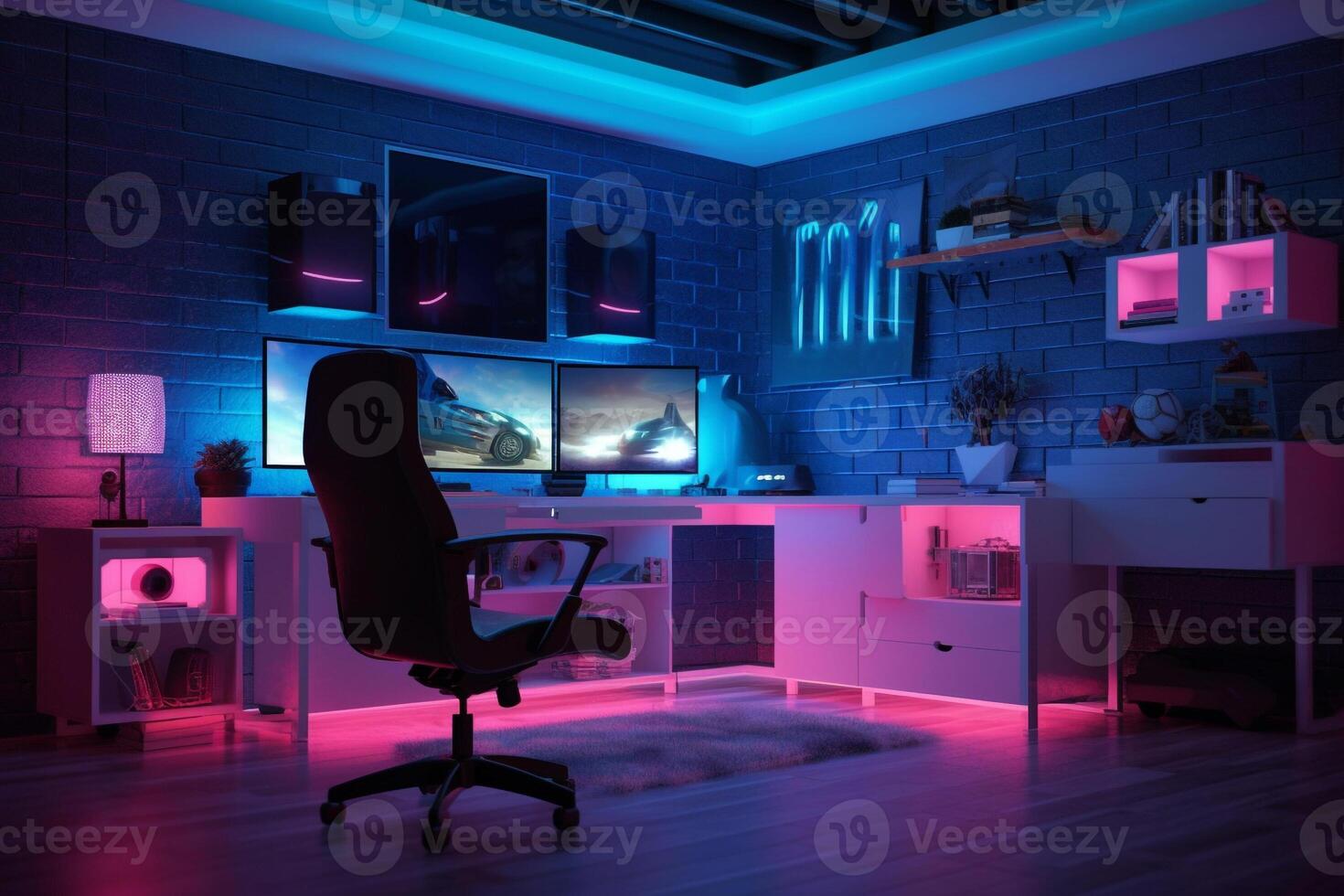 gaming pc kamer met LED lichten in verschillend kleuren. ai gegenereerd illustratie. foto