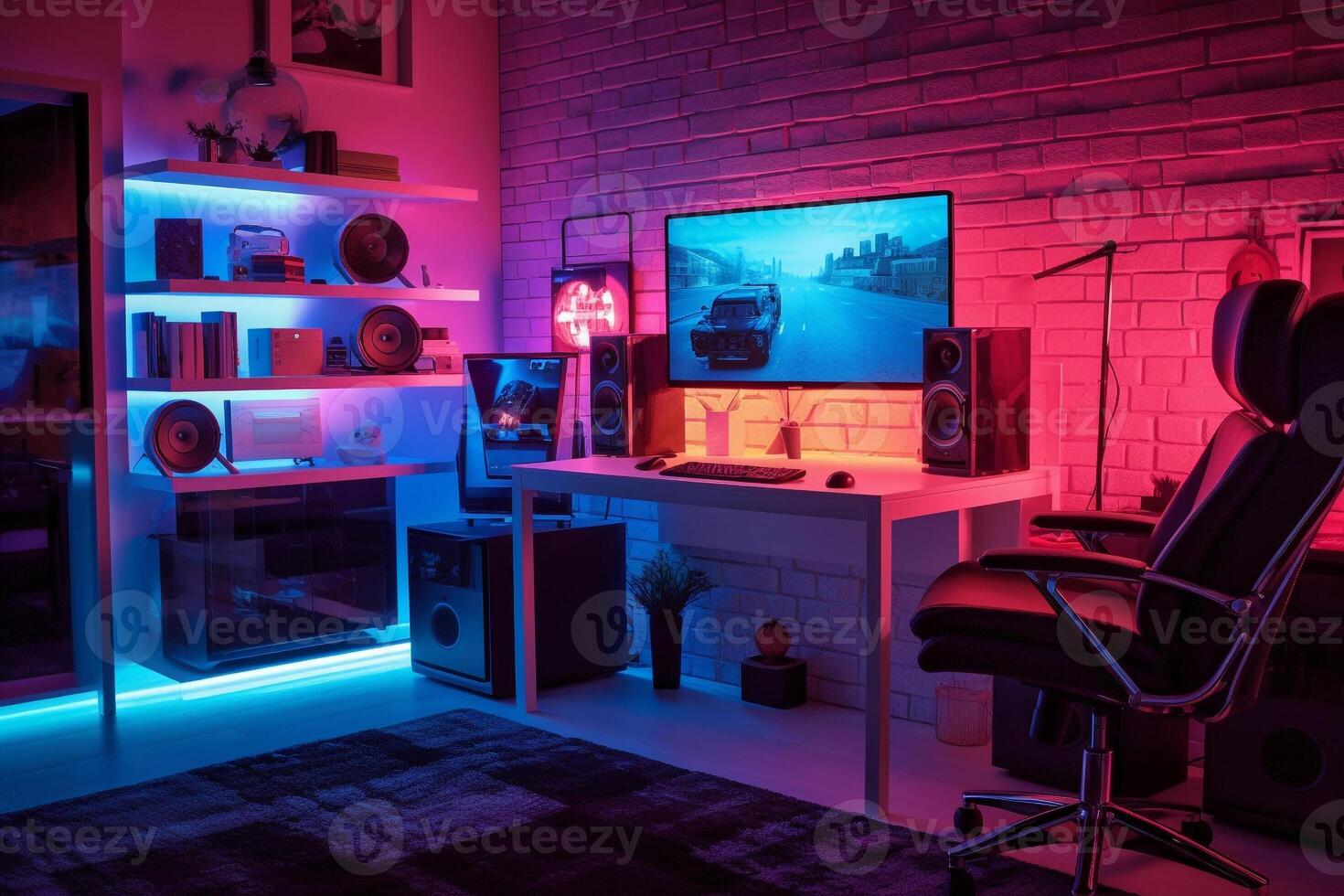 gaming pc kamer met LED lichten in verschillend kleuren. ai gegenereerd illustratie. foto