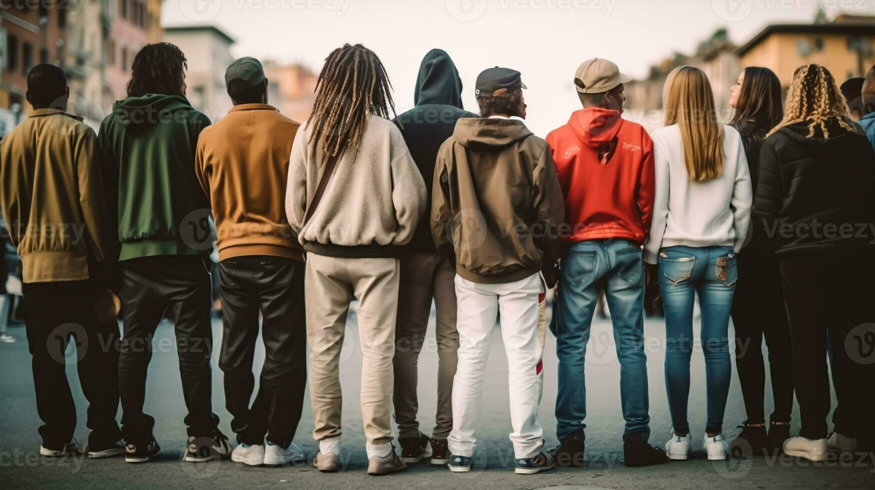 achterzijde visie van een groep van jong mensen wandelen in de stad, generatief ai foto