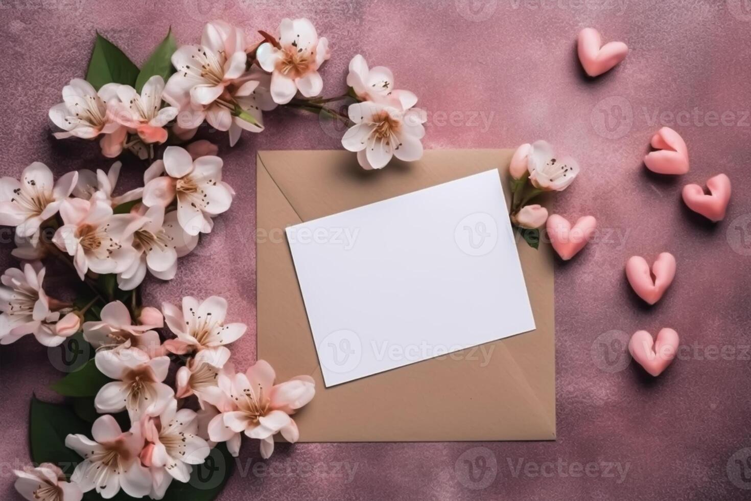 Valentijnsdag dag groet kaart mockup met envelop, rood roos bloemen en pen. top visie met kopiëren ruimte generatief ai foto