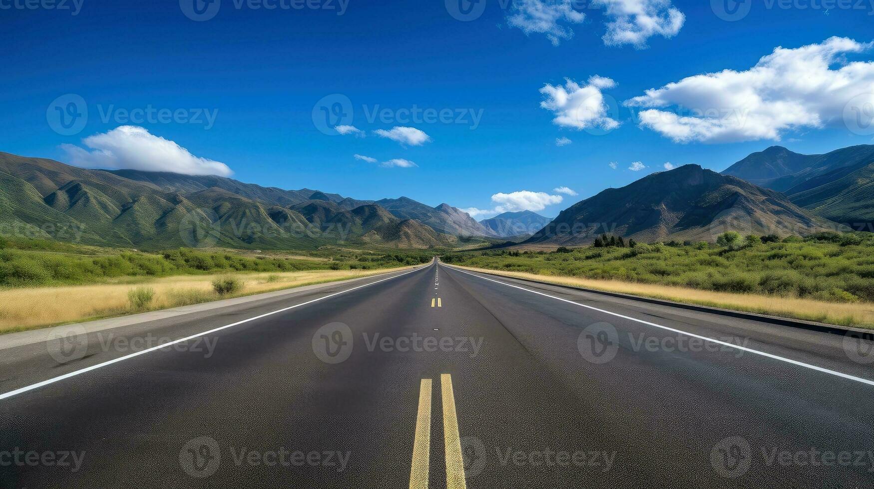 illustratie beeld van landschap met land weg, leeg asfalt weg Aan blauw bewolkt lucht achtergrond. veelkleurig levendig buitenshuis horizontaal afbeelding, generatief ai illustratie foto