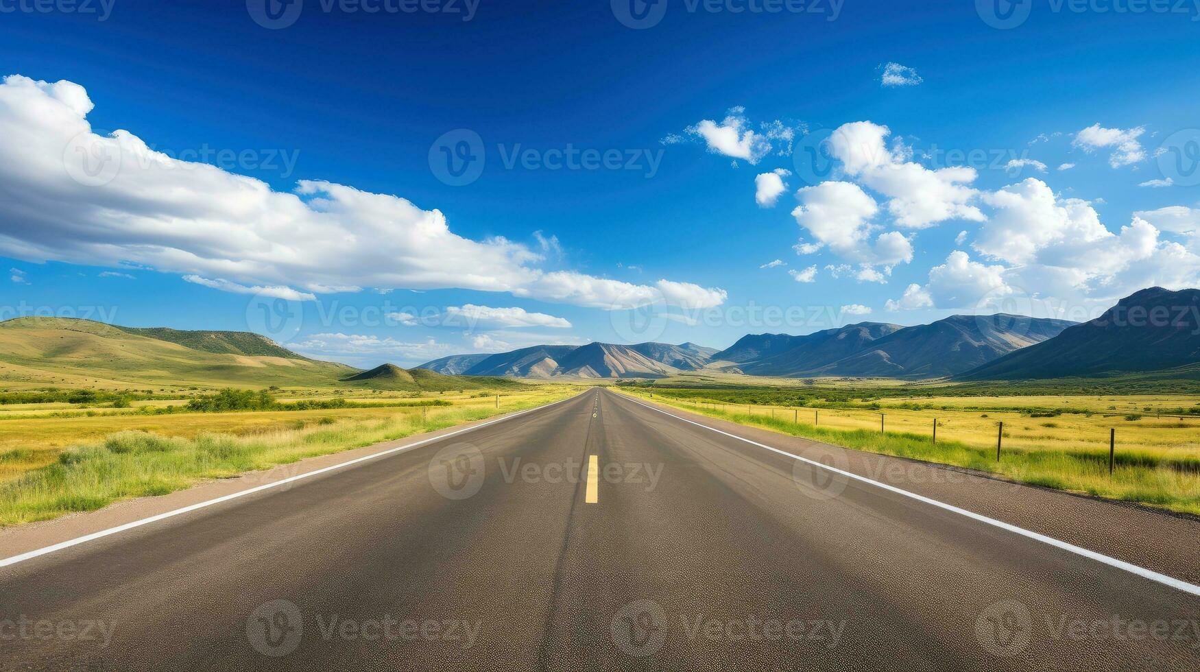 illustratie beeld van landschap met land weg, leeg asfalt weg Aan blauw bewolkt lucht achtergrond. veelkleurig levendig buitenshuis horizontaal afbeelding, generatief ai illustratie foto