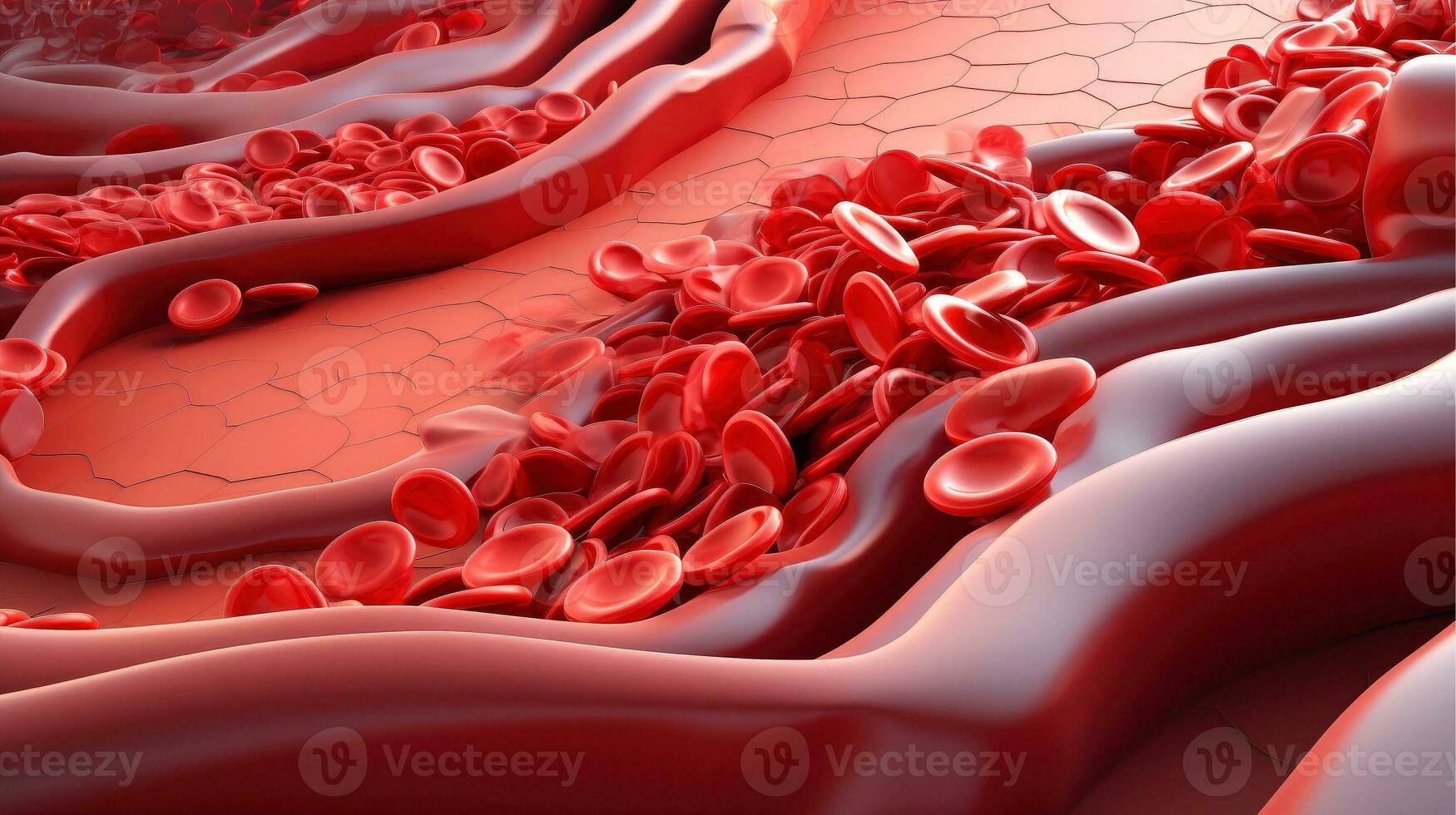 3d illustratie mockup van de menselijk orgaan systemen, bloedsomloop, spijsvertering, rood en wit bloedcellen met wazig achtergrond. medisch onderwijs concept, generatief ai illustratie foto