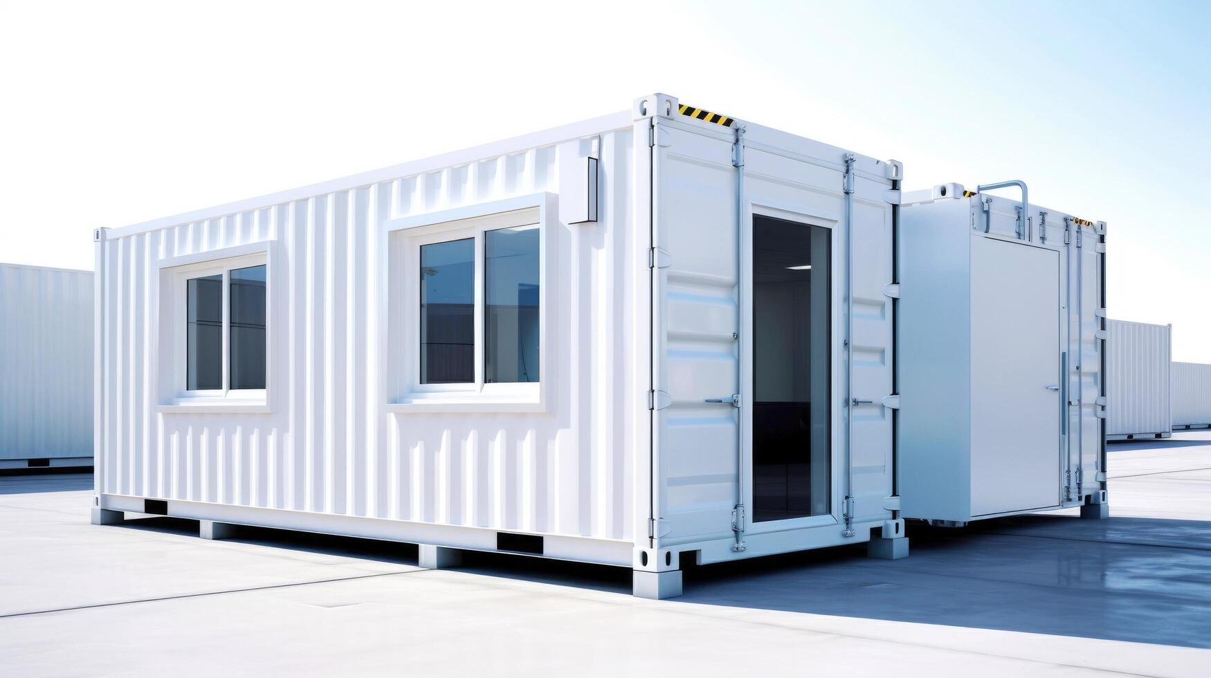 mobiel kantoor gebouwen of houder plaats kantoor voor bouw plaats. Verzending container. portable huis en kantoor hutten, generatief ai illustratie foto