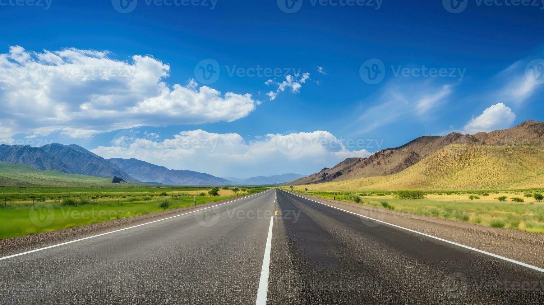 illustratie beeld van landschap met land weg, leeg asfalt weg Aan blauw bewolkt lucht achtergrond. veelkleurig levendig buitenshuis horizontaal afbeelding, generatief ai illustratie foto