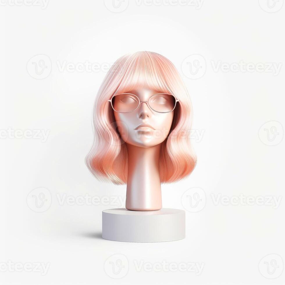 haar- pruik over- de plastic mannequin hoofd geïsoleerd over- de wit achtergrond, mockup met hedendaags vrouwen kapsels, generatief ai illustratie foto