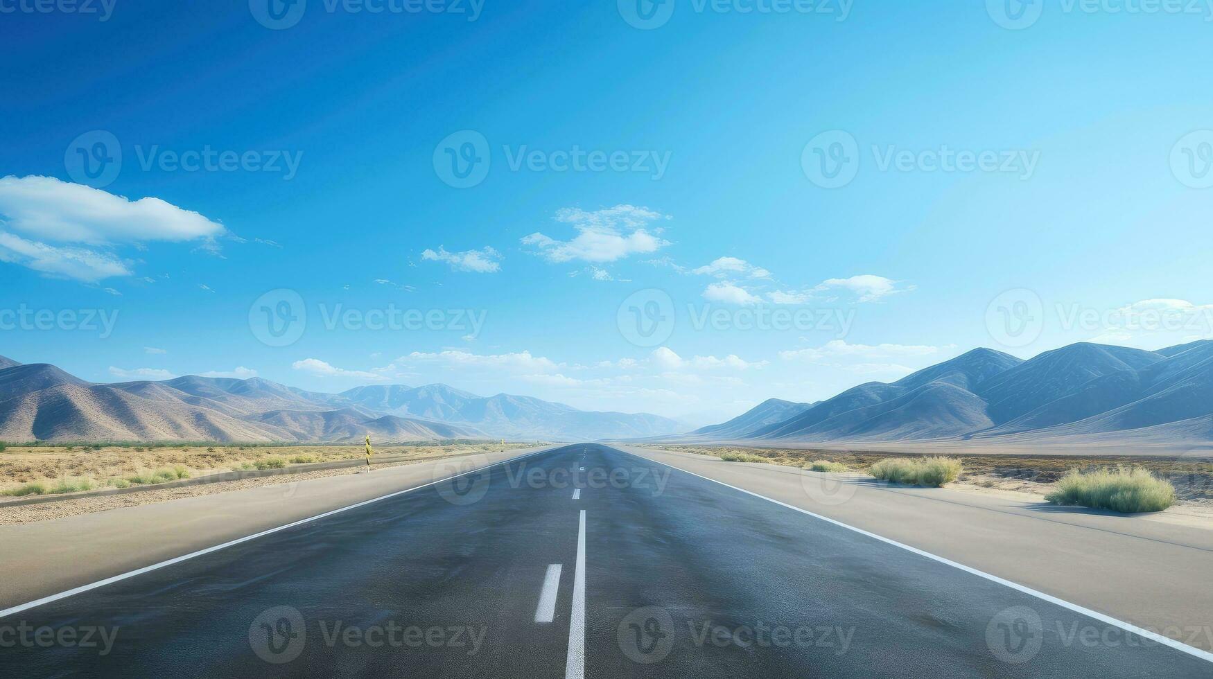 illustratie beeld van landschap met land weg, leeg asfalt weg Aan blauw bewolkt lucht achtergrond. veelkleurig levendig buitenshuis horizontaal afbeelding, generatief ai illustratie foto