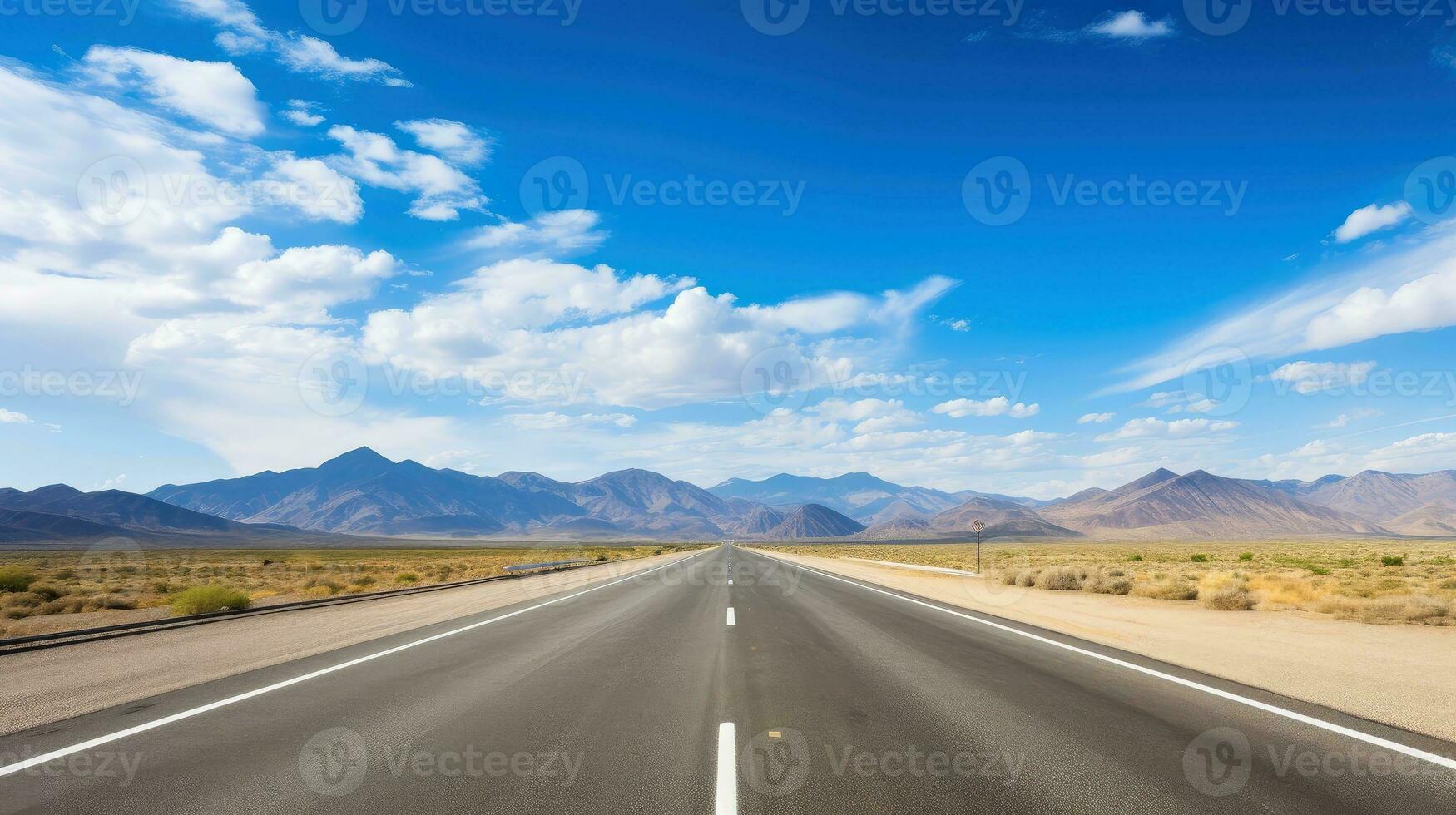 illustratie beeld van landschap met land weg, leeg asfalt weg Aan blauw bewolkt lucht achtergrond. veelkleurig levendig buitenshuis horizontaal afbeelding, generatief ai illustratie foto