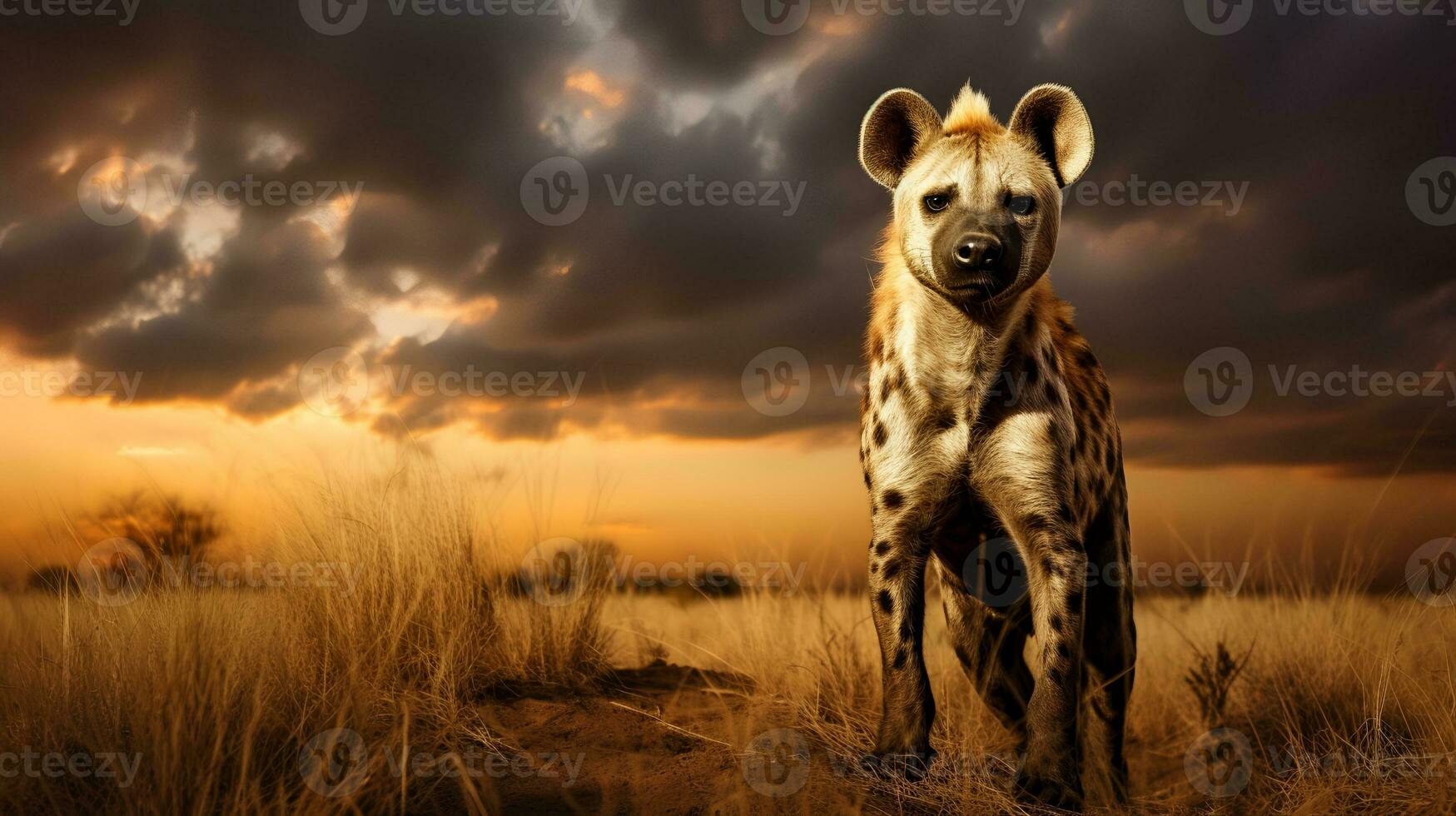 foto van hyena Aan savanne Bij zonsondergang. generatief ai