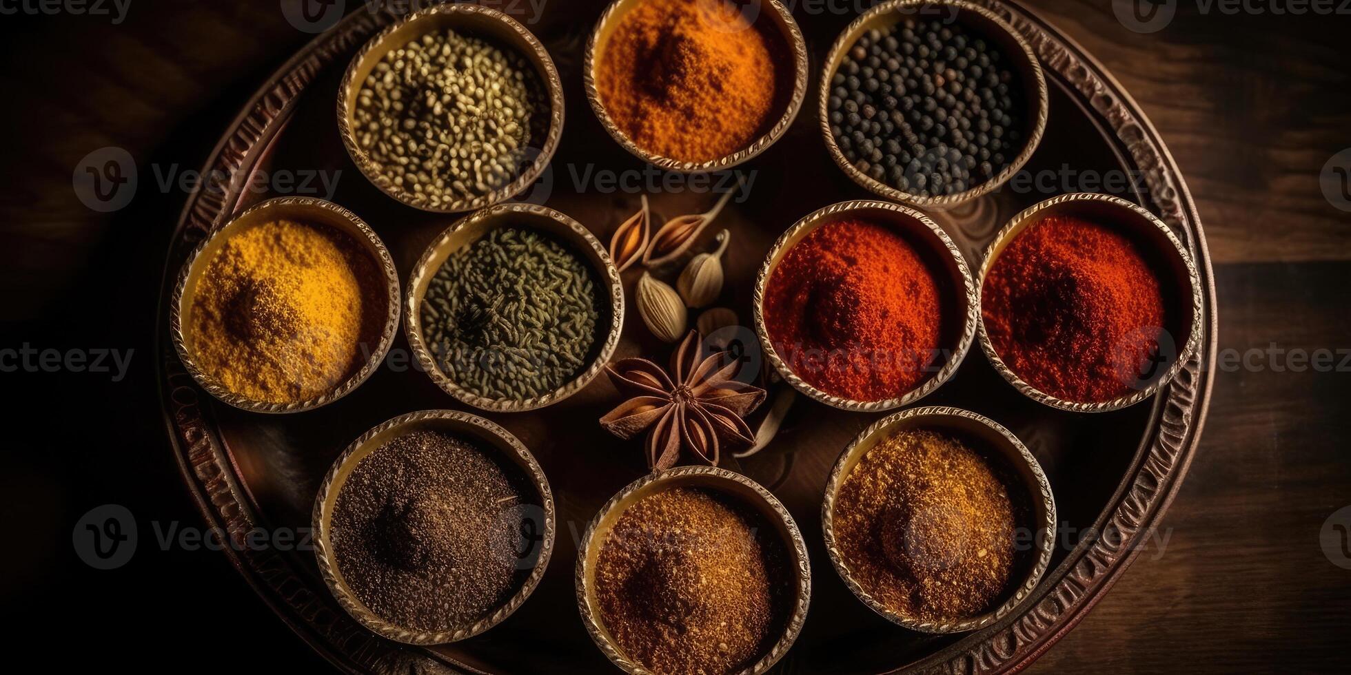 Indisch specerijen dichtbij omhoog. peper, kurkuma tijm paprika komijn. generatief ai foto