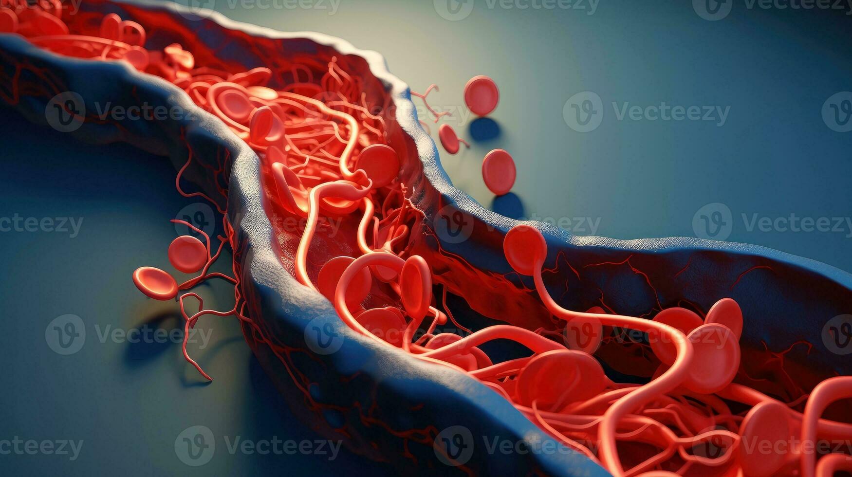 3d illustratie mockup van de menselijk orgaan systemen, bloedsomloop, spijsvertering, rood en wit bloedcellen met wazig achtergrond. medisch onderwijs concept, generatief ai illustratie foto