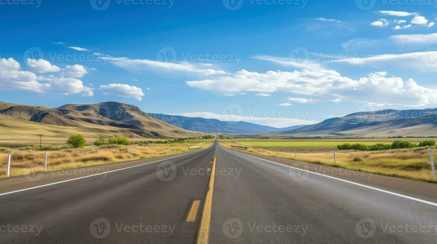 illustratie beeld van landschap met land weg, leeg asfalt weg Aan blauw bewolkt lucht achtergrond. veelkleurig levendig buitenshuis horizontaal afbeelding, generatief ai illustratie foto