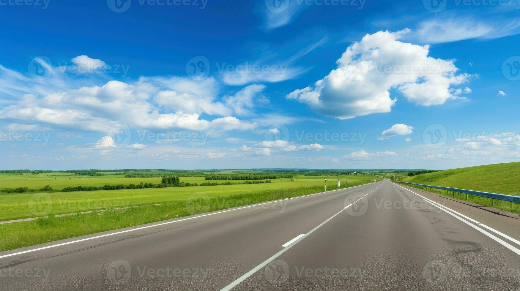 illustratie beeld van landschap met land weg, leeg asfalt weg Aan blauw bewolkt lucht achtergrond. veelkleurig levendig buitenshuis horizontaal afbeelding, generatief ai illustratie foto