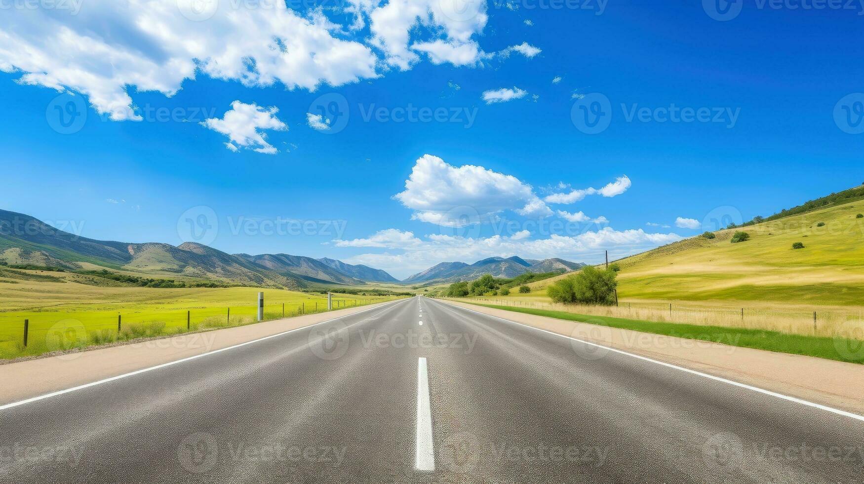 illustratie beeld van landschap met land weg, leeg asfalt weg Aan blauw bewolkt lucht achtergrond. veelkleurig levendig buitenshuis horizontaal afbeelding, generatief ai illustratie foto