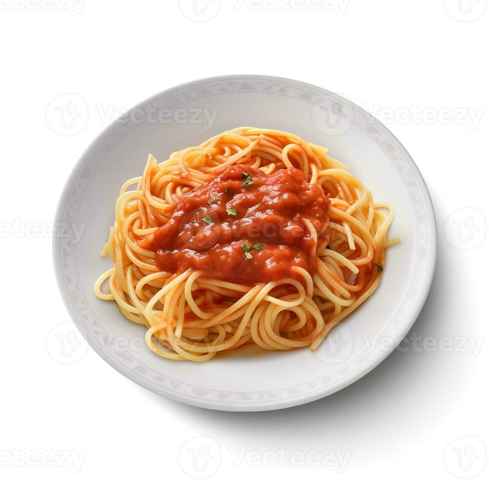 voedsel fotografie van spaghetti Aan bord geïsoleerd Aan wit achtergrond. generatief ai foto