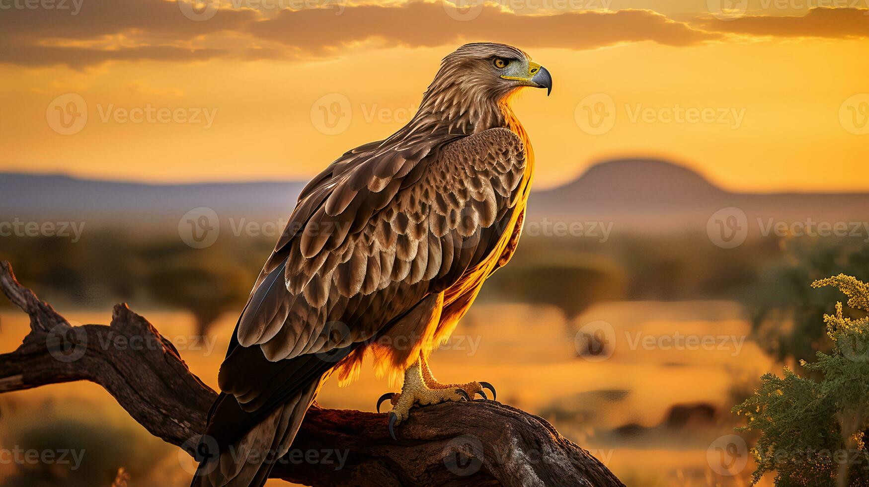 foto van taai adelaar Aan savanne Bij zonsondergang. generatief ai