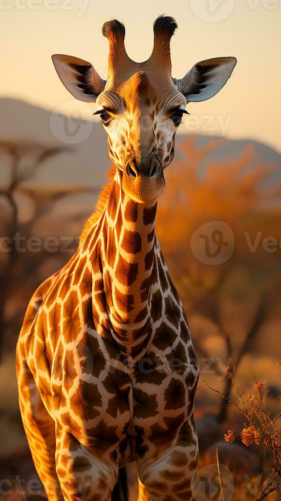 dichtbij omhoog foto van giraffe Aan savanne Bij zonsondergang. generatief ai