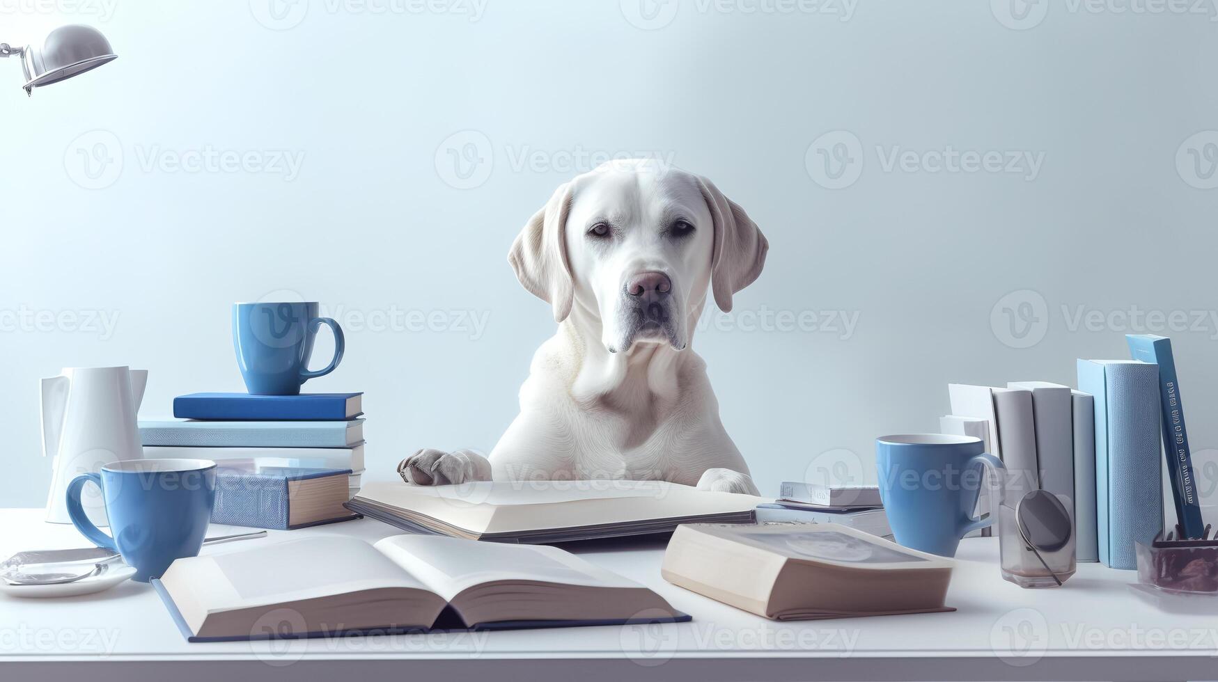 een gouden retriever hond in een trui zit aan het studeren vergezeld door een kop en aambeien van boeken. generatief ai foto