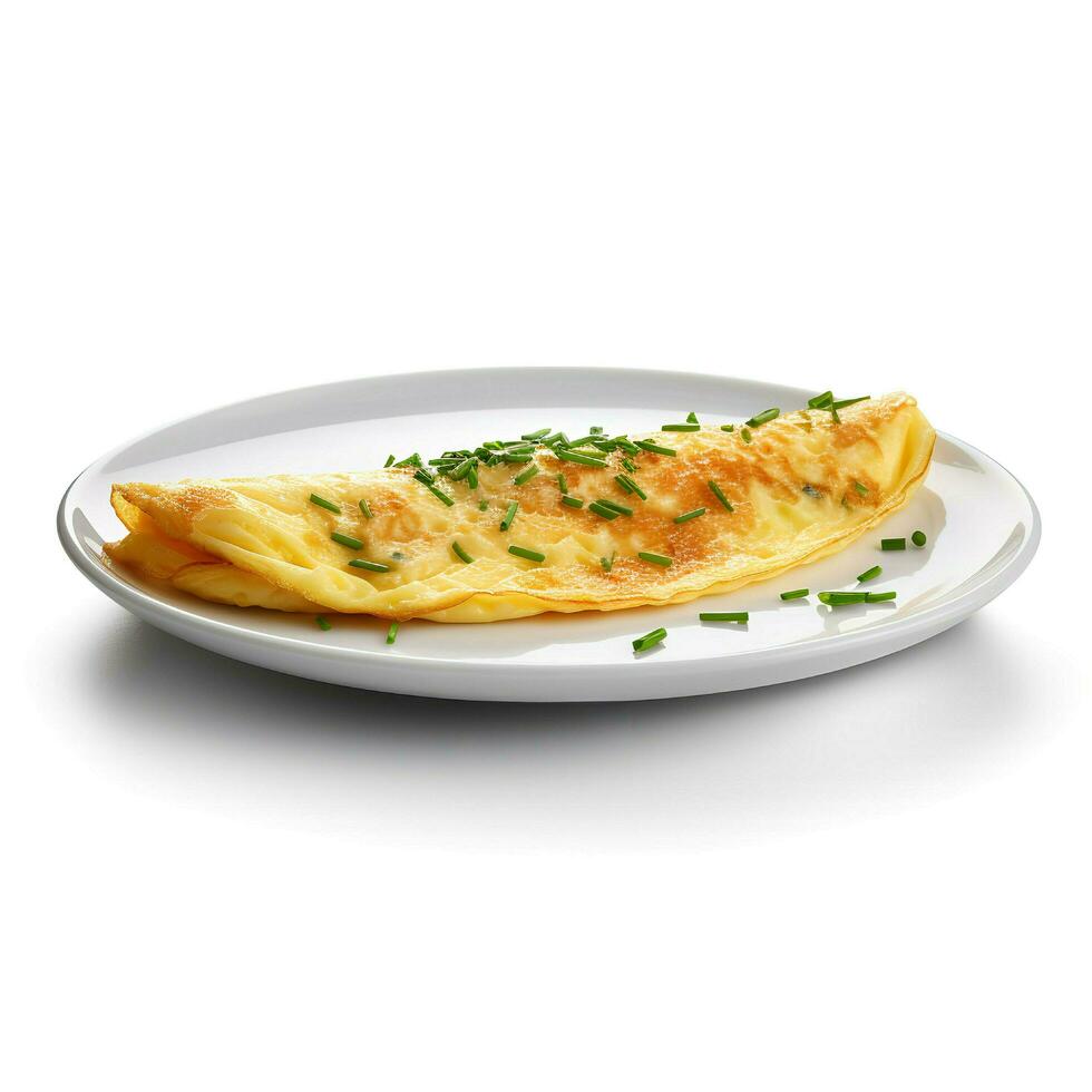 voedsel fotografie van omelet Aan bord geïsoleerd Aan wit achtergrond. generatief ai foto