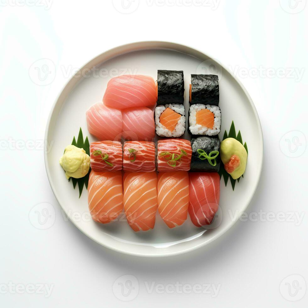 voedsel fotografie van sushi Aan bord geïsoleerd Aan wit achtergrond. generatief ai foto