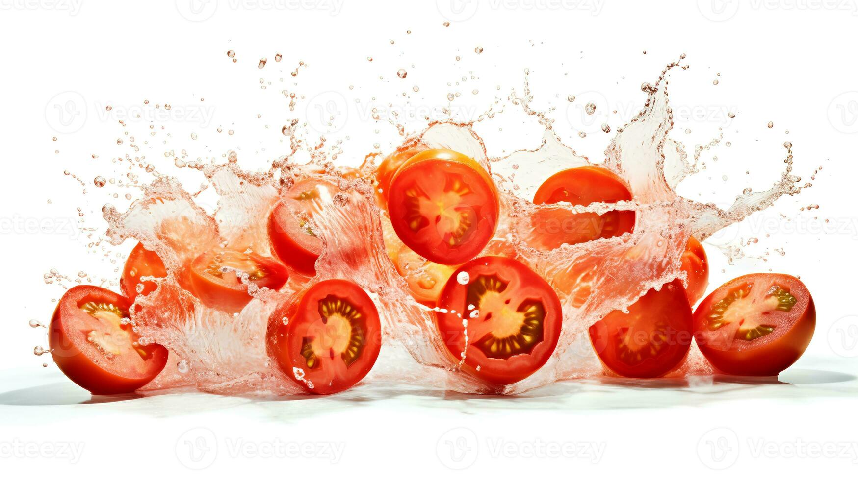 foto van tomaten met plons water geïsoleerd Aan wit achtergrond