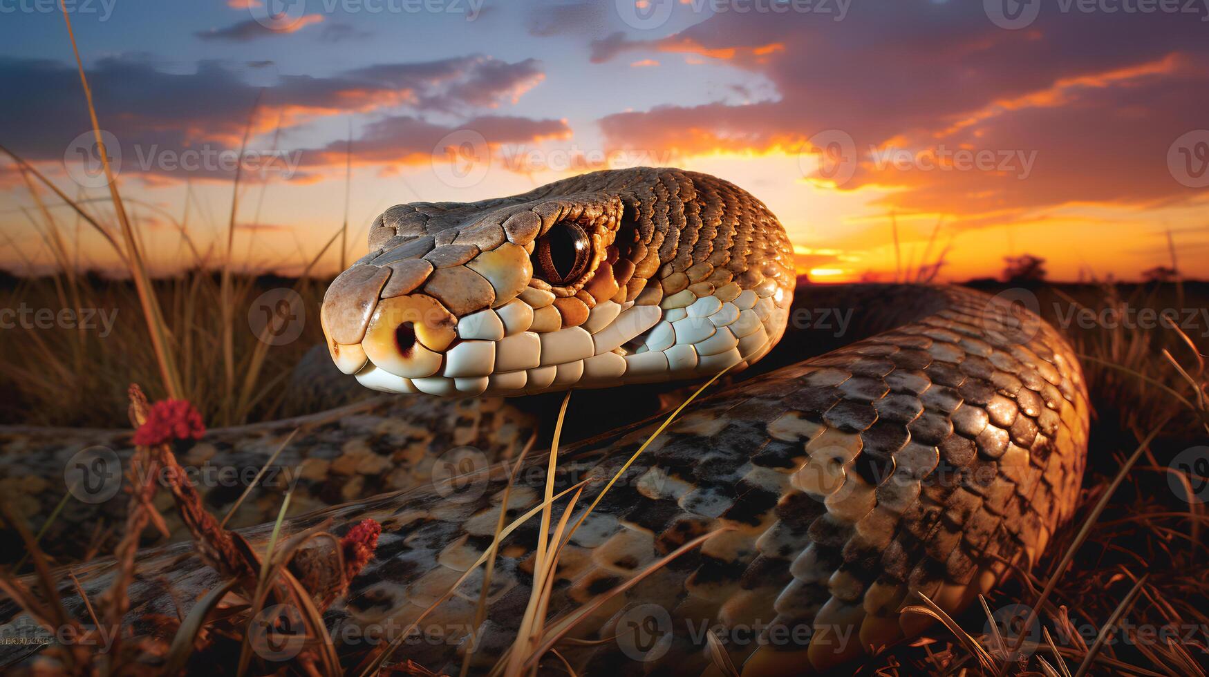 foto van Afrikaanse Python Aan savanne Bij zonsondergang. generatief ai