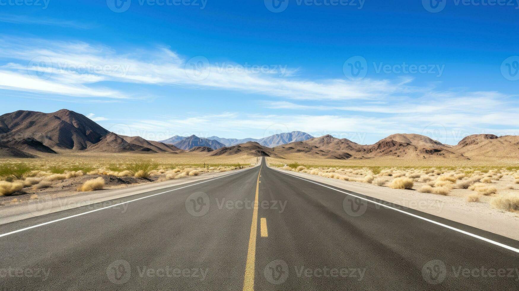 illustratie beeld van landschap met land weg, leeg asfalt weg Aan blauw bewolkt lucht achtergrond. veelkleurig levendig buitenshuis horizontaal afbeelding, generatief ai illustratie foto