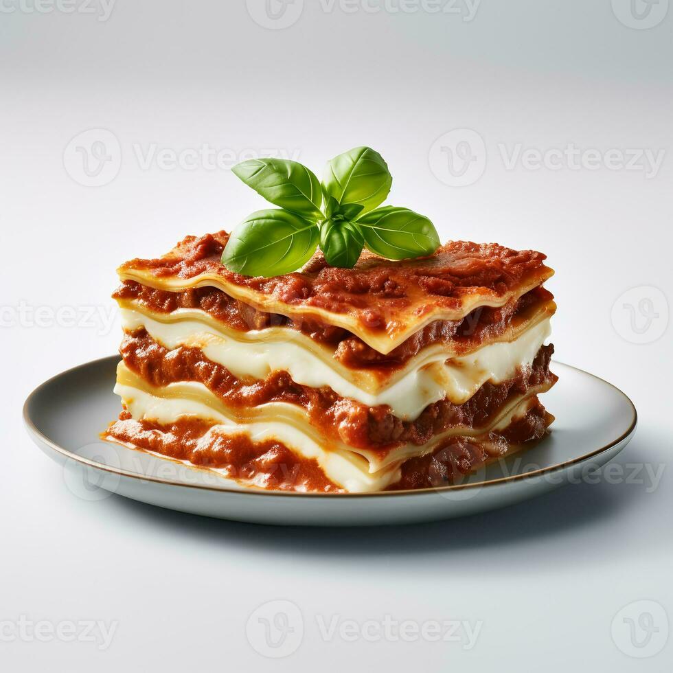 voedsel fotografie van lasagne Aan bord geïsoleerd Aan wit achtergrond. generatief ai foto