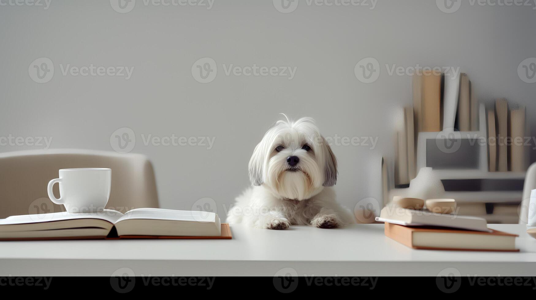 een lhasa apso hond in een trui zit aan het studeren vergezeld door een kop en aambeien van boeken. generatief ai foto