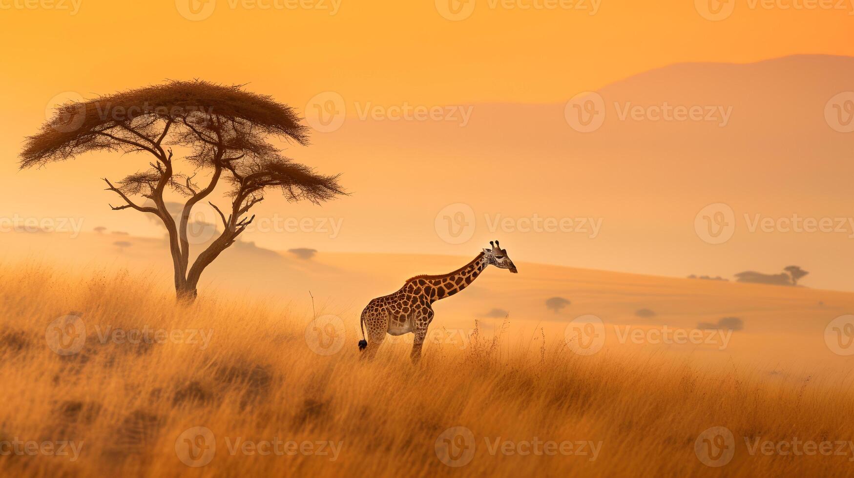 foto van giraffe Aan savanne Bij zonsondergang. generatief ai