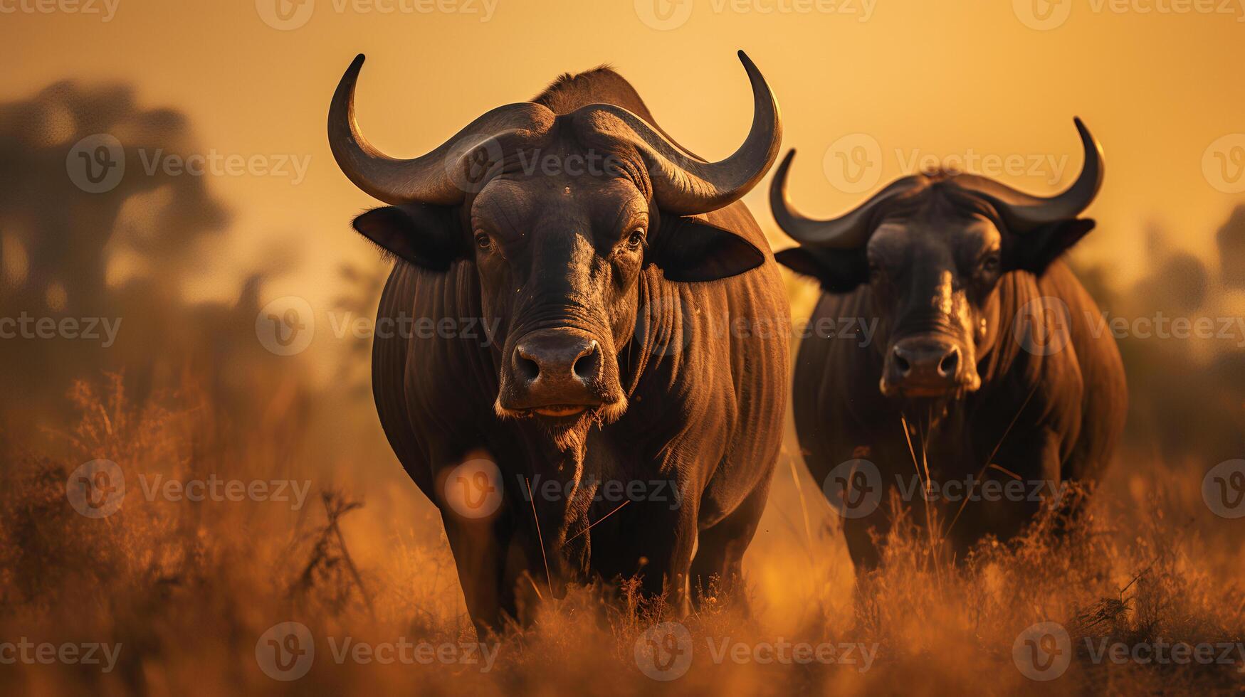 foto van buffel Aan savanne Bij zonsondergang. generatief ai